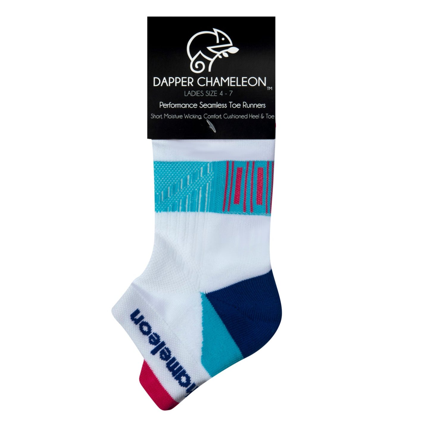 Header card packaging of a white seamless toe sport sock with sky blue and neon pink stripes with a royal blue cushioned heel and toe and neon pink lip.