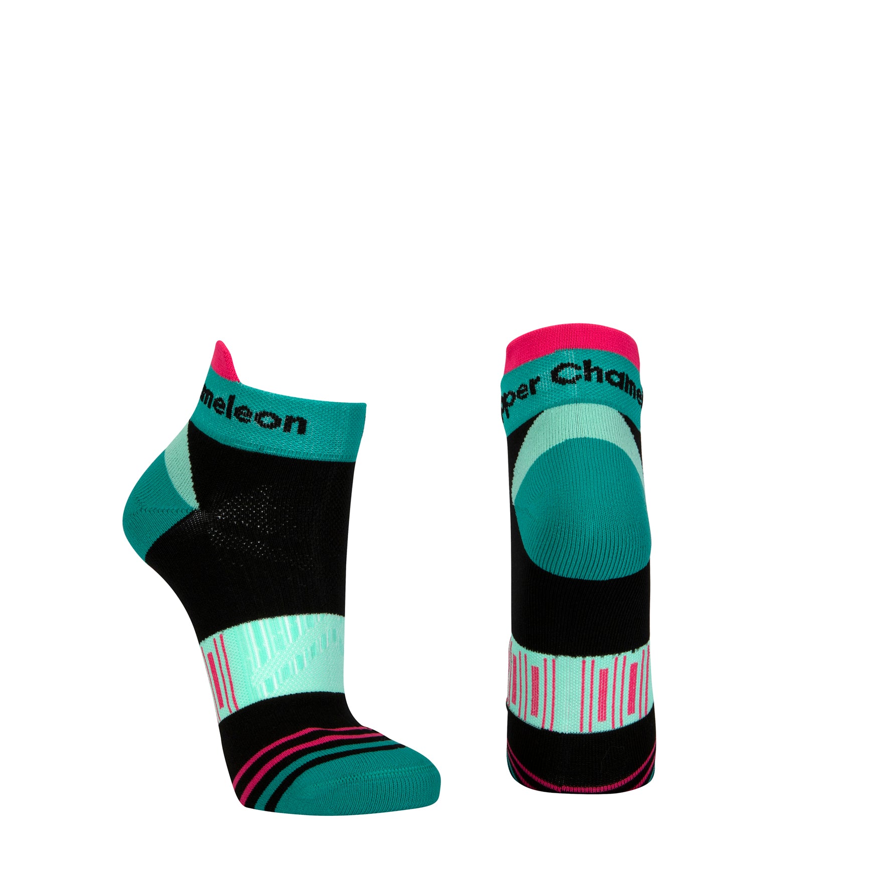 Black seamless toe sport sock with mint and teal green, white and pink stripes with a teal green cushioned heel and toe and neon pink lip.