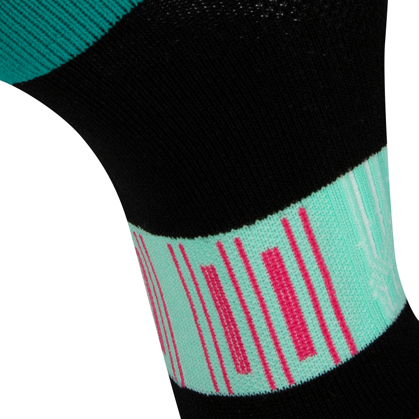 Textured view of a black seamless toe sport sock with mint, white and pink stripes with a teal green cushioned heel.