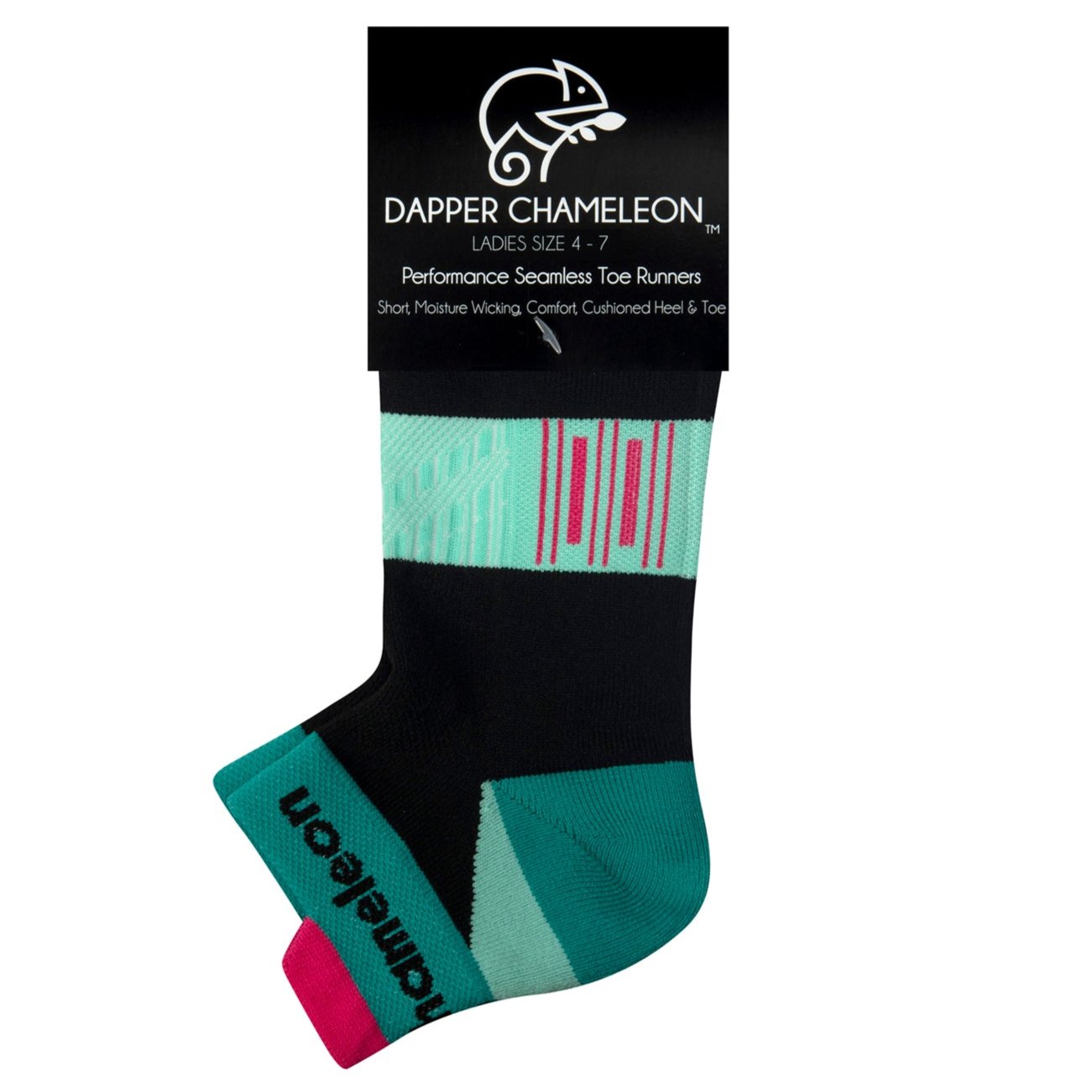 Header card packaging of a black seamless toe sport sock with mint and teal green, white and pink stripes with a teal green cushioned heel and toe and neon pink lip.