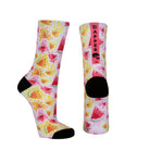 White seamless toe sock with pink and orange watermelon slices and pink, yellow and orange paint splashes design print and black heel and toe.