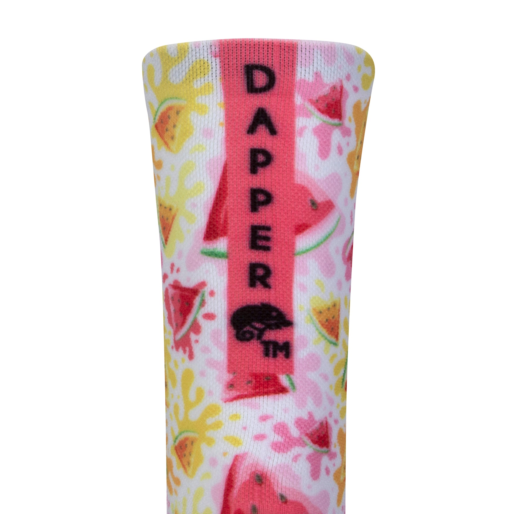 Back view of a white seamless toe sock with pink and orange watermelon slices and pink, yellow and orange paint splashes design print with a pink salmon strip with Dapper Chameleon wording and logo in black.