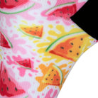 Textured heel view of a white seamless toe sock with pink and orange watermelon slices and pink, yellow and orange paint splashes design print and black heel.