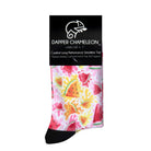 Header card packaging of a white seamless toe sock with pink and orange watermelon slices and pink, yellow and orange paint splashes design print and black heel and toe.