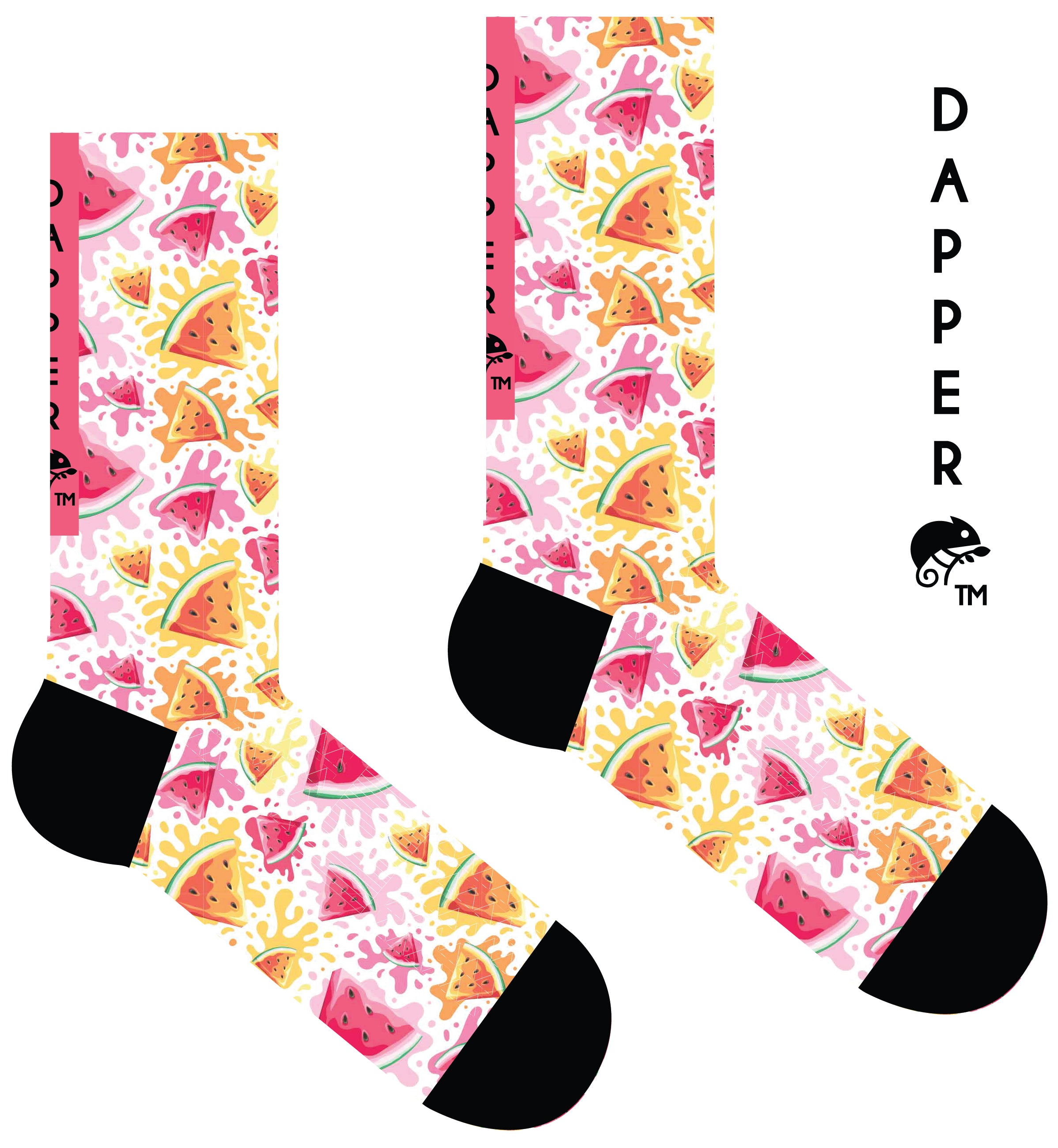 A Computer-Aided Design of a white seamless toe sock with pink and orange watermelon slices and pink, yellow and orange paint splashes design print and black heel and toe.